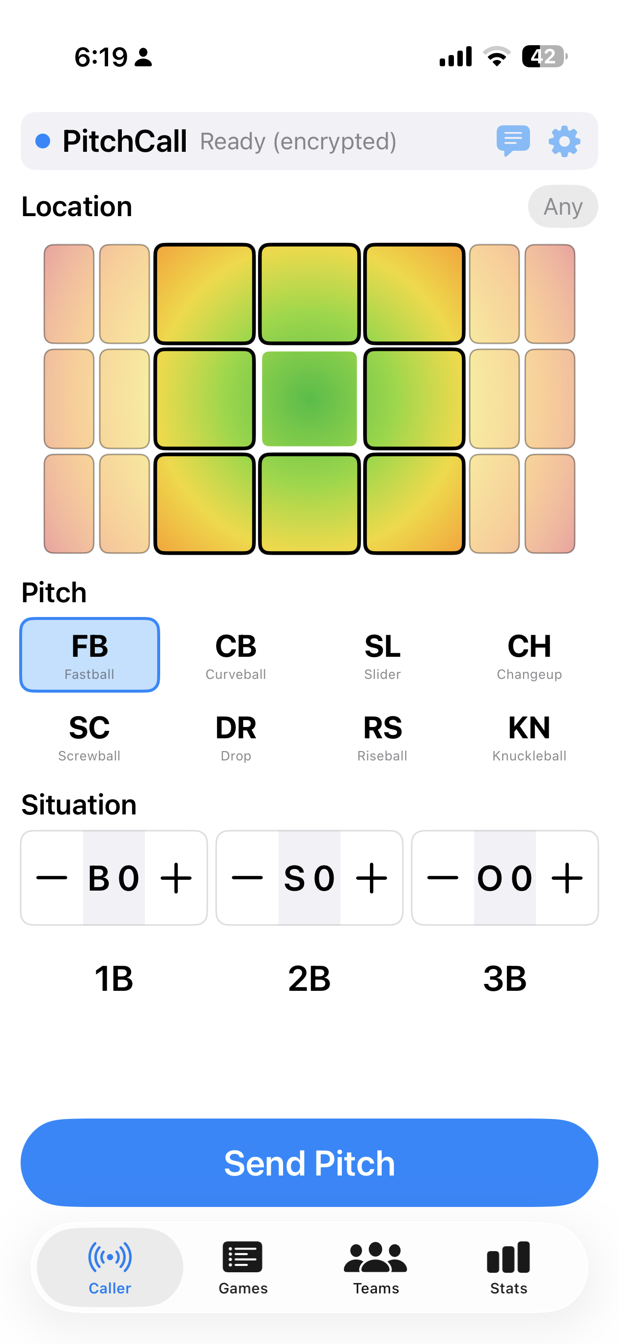 Pitchcall’s softball caller screen, with pitch location, pitch type, count, outs, and runners