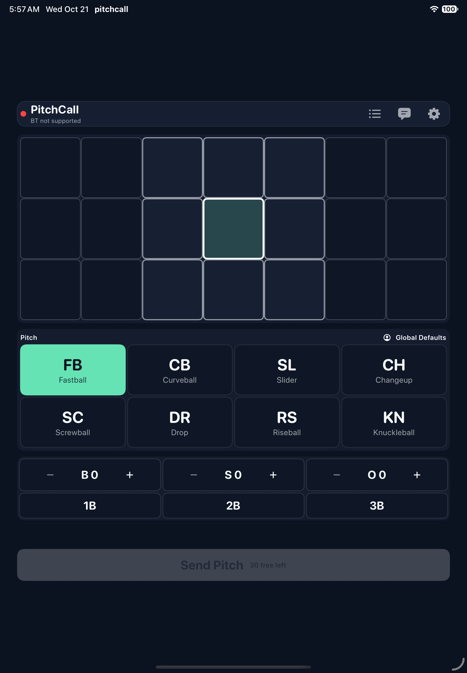 iPad simulator with location, eight pitch choices, balls, strikes, outs, runners, and Send visible without scrolling