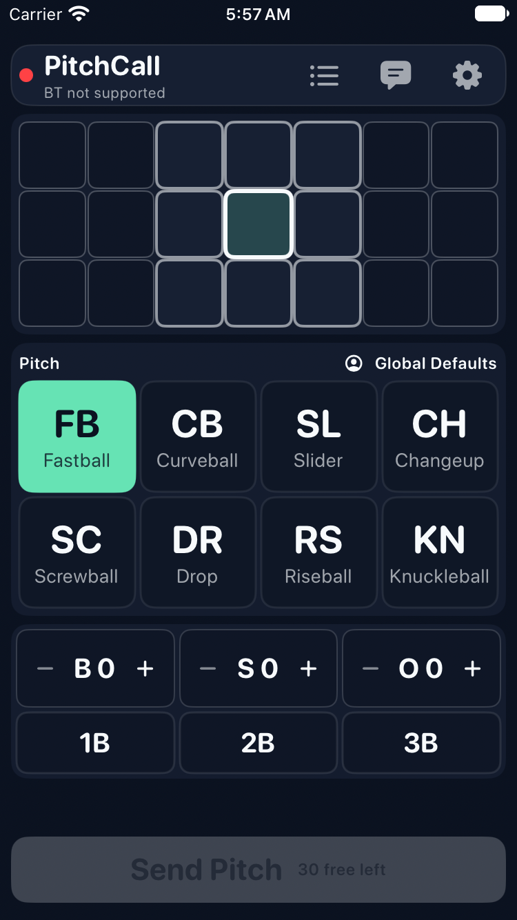Pitchcall iPhone SE simulator showing location and pitch selection, with the Send button pinned at the bottom